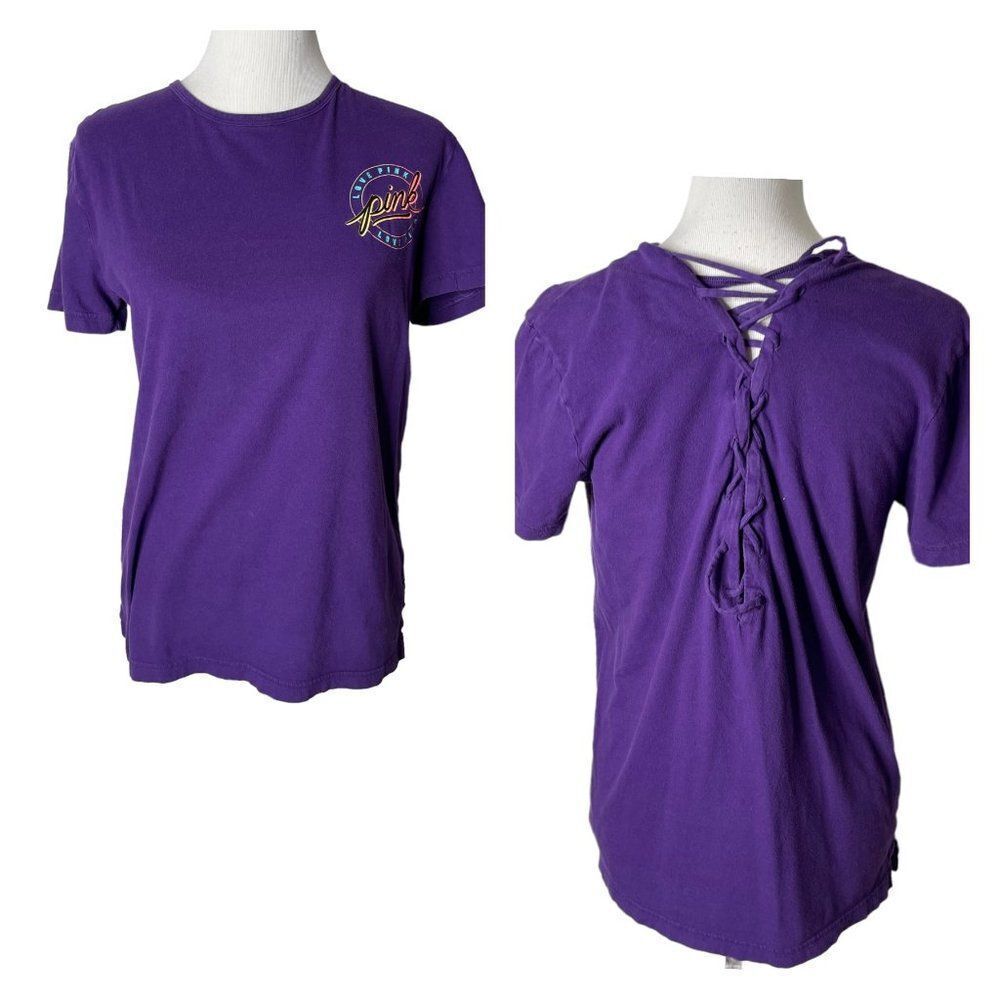 Victoria's Secret PINK Tee Lace Up Back Size XS Purple Retro Shirt Short Sleeve‎